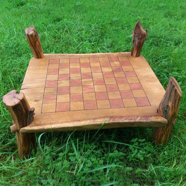 Handmade wooden oak chess table — rustic solid oak game table with slate inlay, Wales