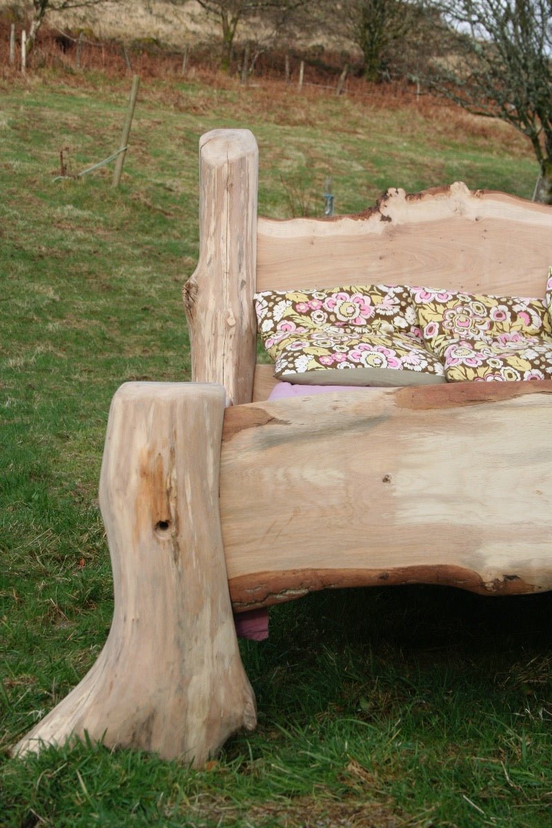 Rustic solid oak driftwood bed — handcrafted natural bedroom furniture, Wales
