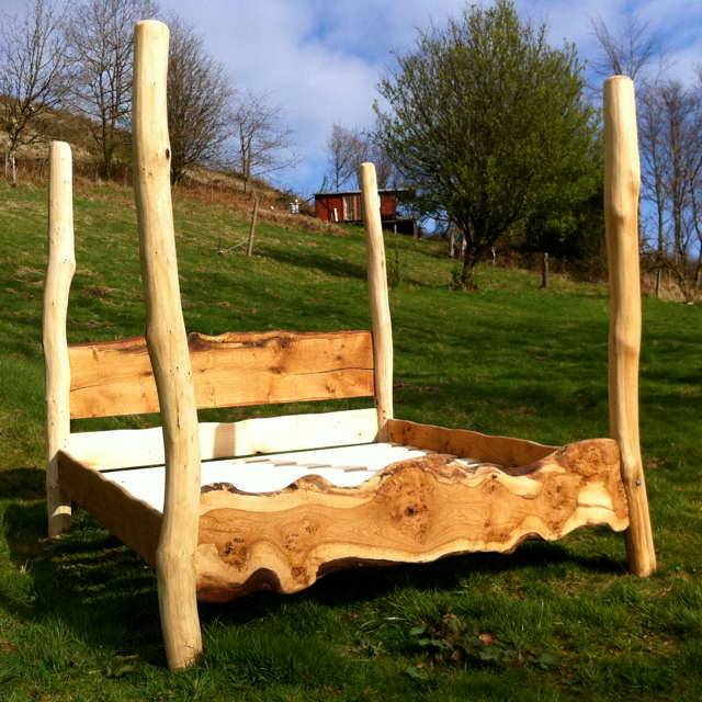 Rustic handmade solid oak four poster tree bed frame — bespoke natural bedroom furniture, Wales