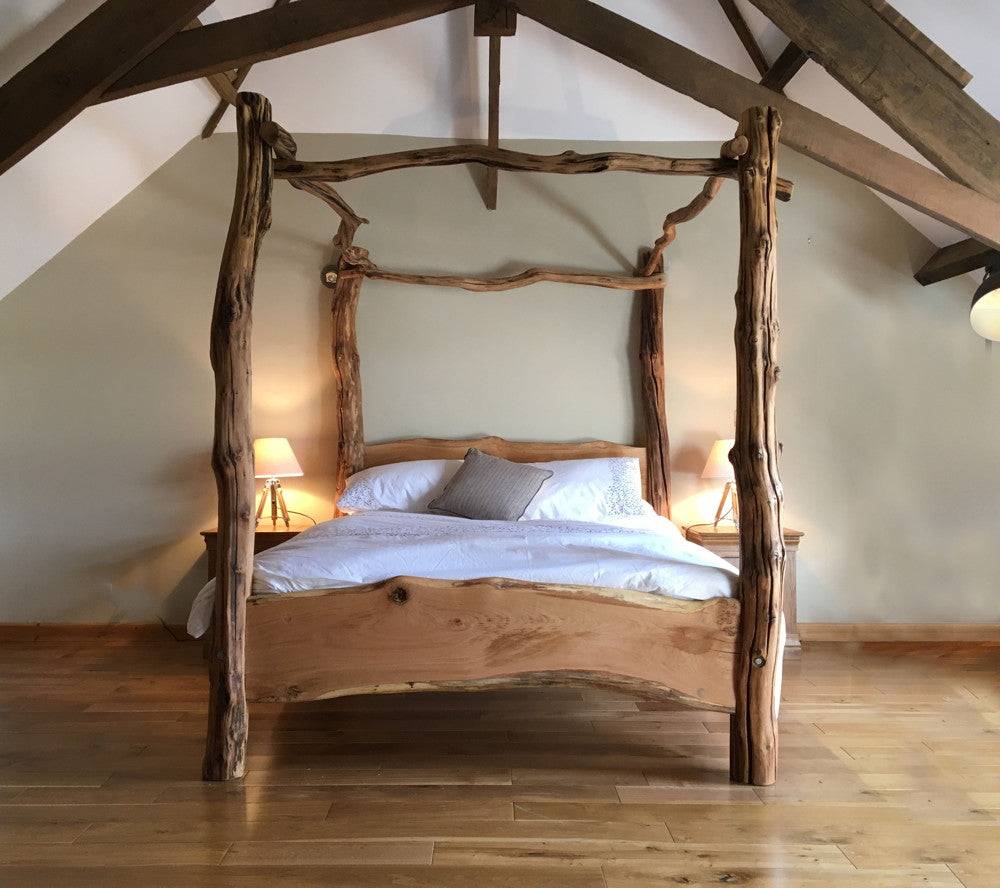 King size handmade oak four poster tree bed — bespoke rustic bedroom furniture, Wales