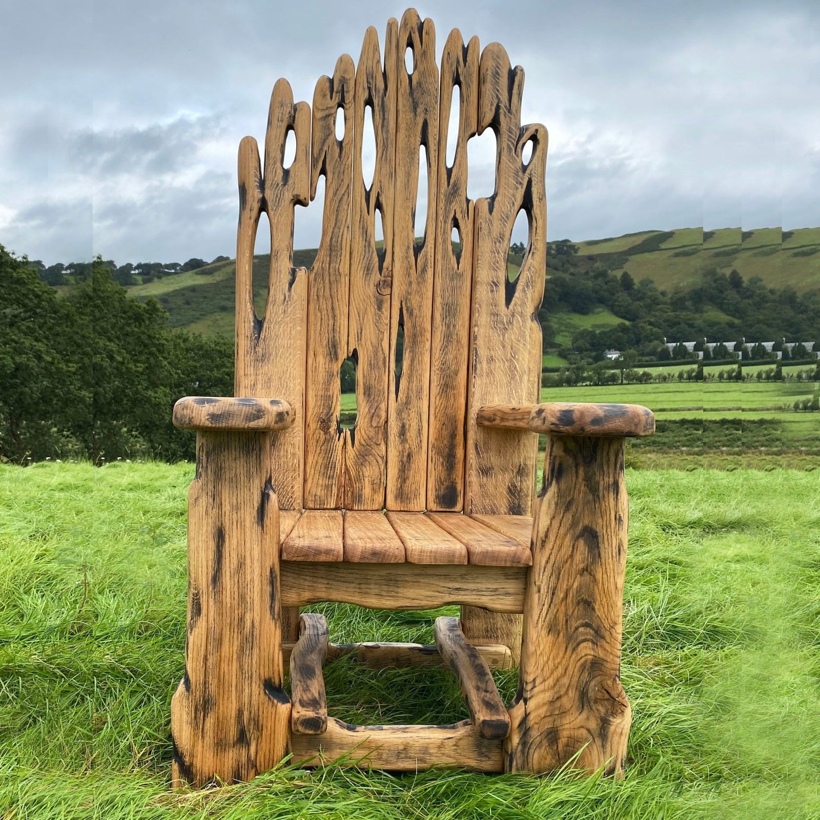 Rustic handmade oak Viking throne chair — bespoke carved statement furniture, Wales