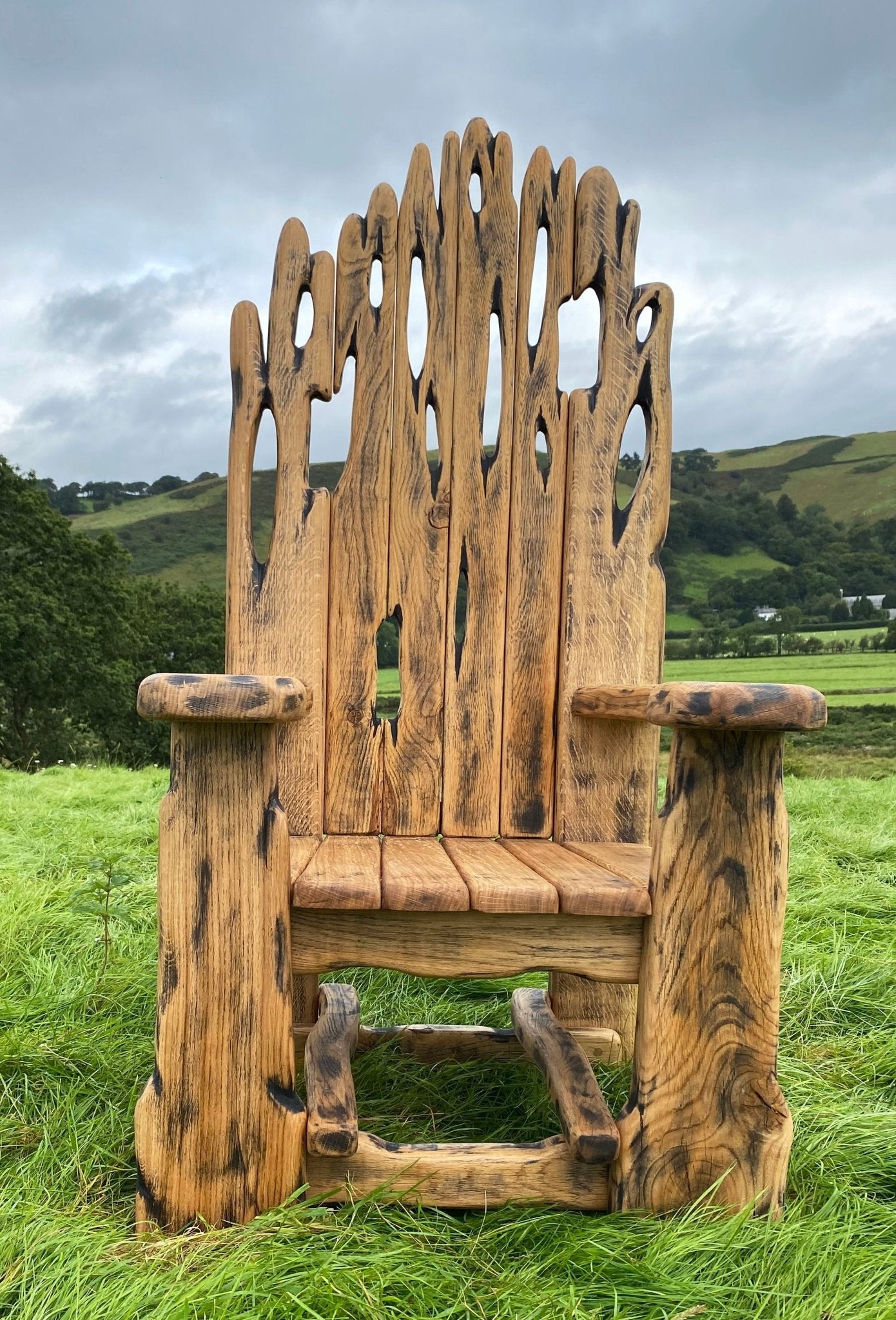 Rustic carved oak throne chair — handmade bespoke fantasy statement furniture, Wales