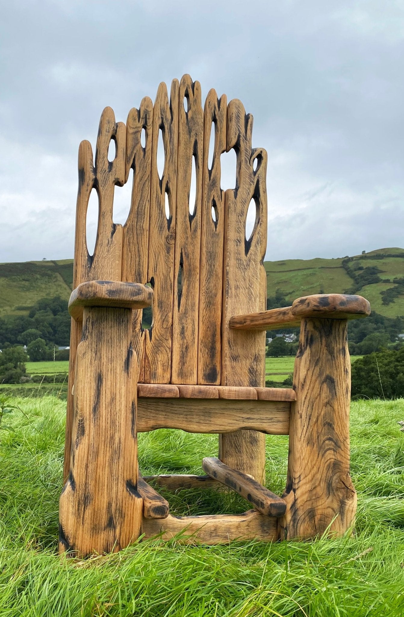 Rustic handmade solid oak throne for Celtic king — bespoke carved statement furniture, Wales