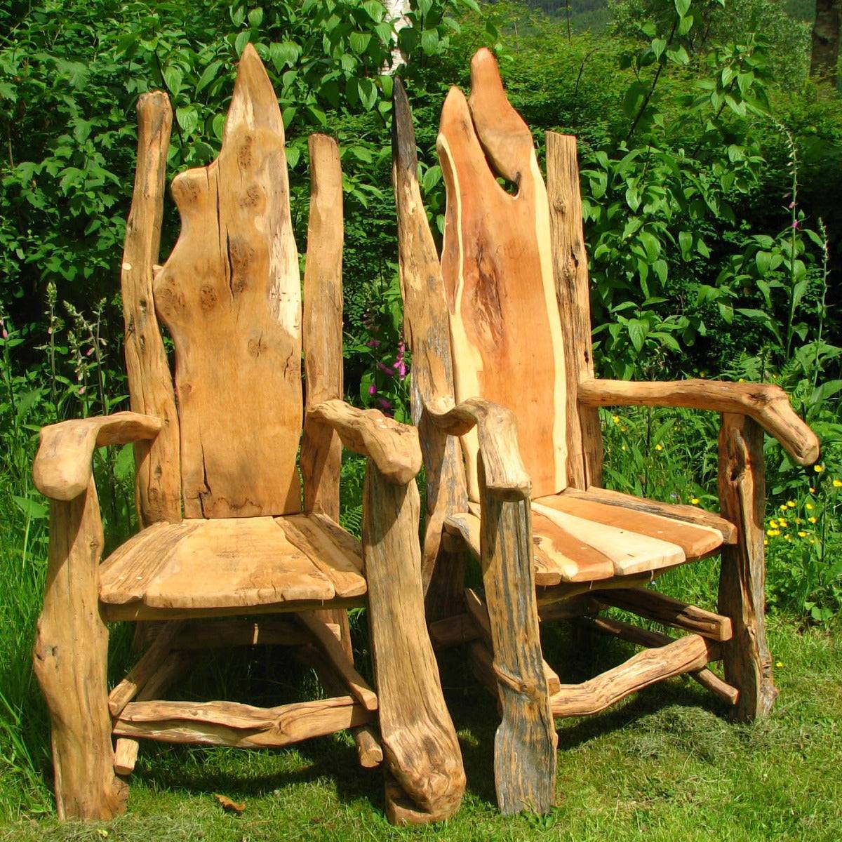 Rustic hand-carved oak storytelling throne in school garden — handmade in Wales