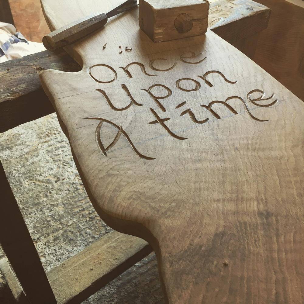 Once upon a time carved oak storytelling chair — handmade school reading throne, Wales