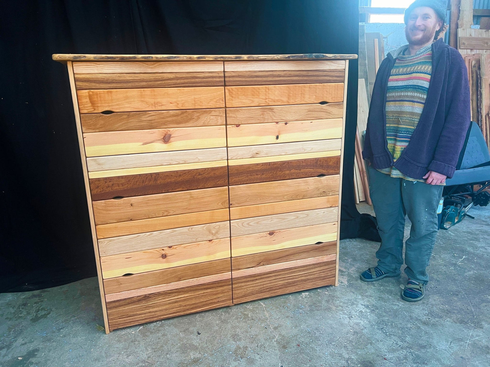 Rustic wooden dresser with natural mixed timber drawers — handmade bespoke furniture, Wales