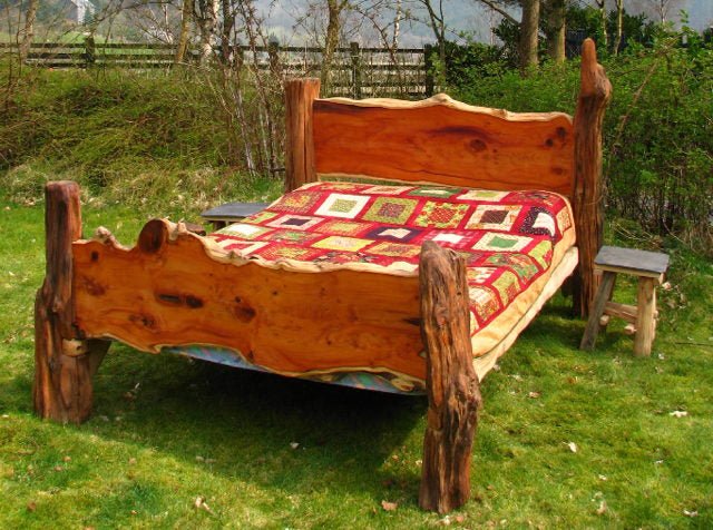 Rustic handmade yew and oak bed — carved natural wood, bespoke, Wales