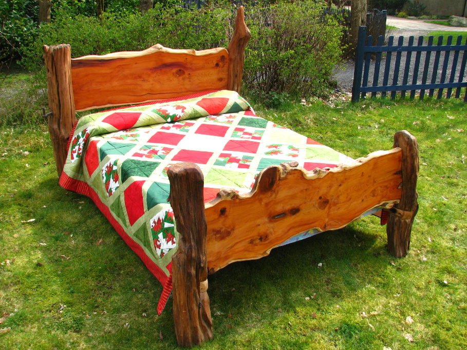 Handmade rustic yew oak bed — carved headboard with natural yew wood, Wales