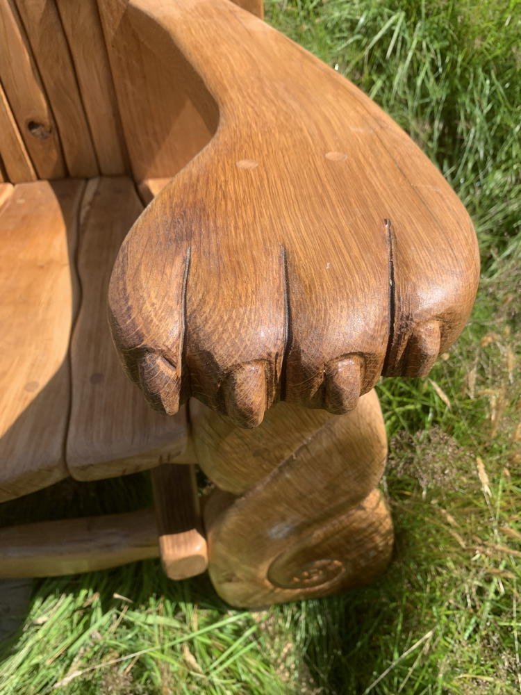 Carved oak African safari story chair — handmade wildlife storytelling throne for schools, Wales