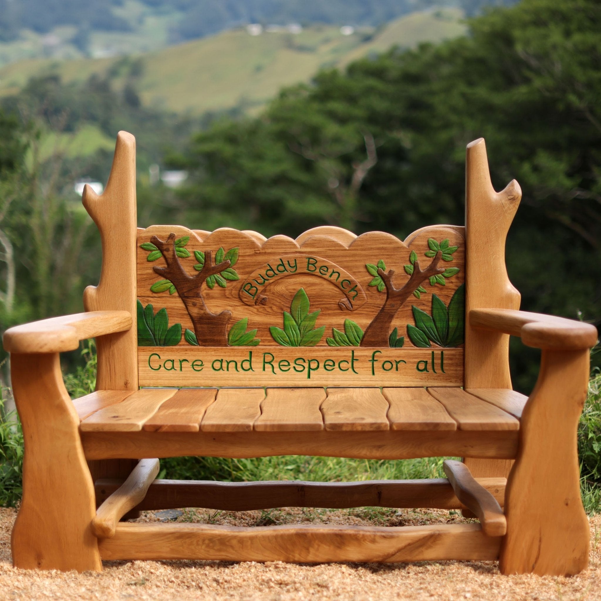 oak buddy bench with engraved buddy bench text for school playground
