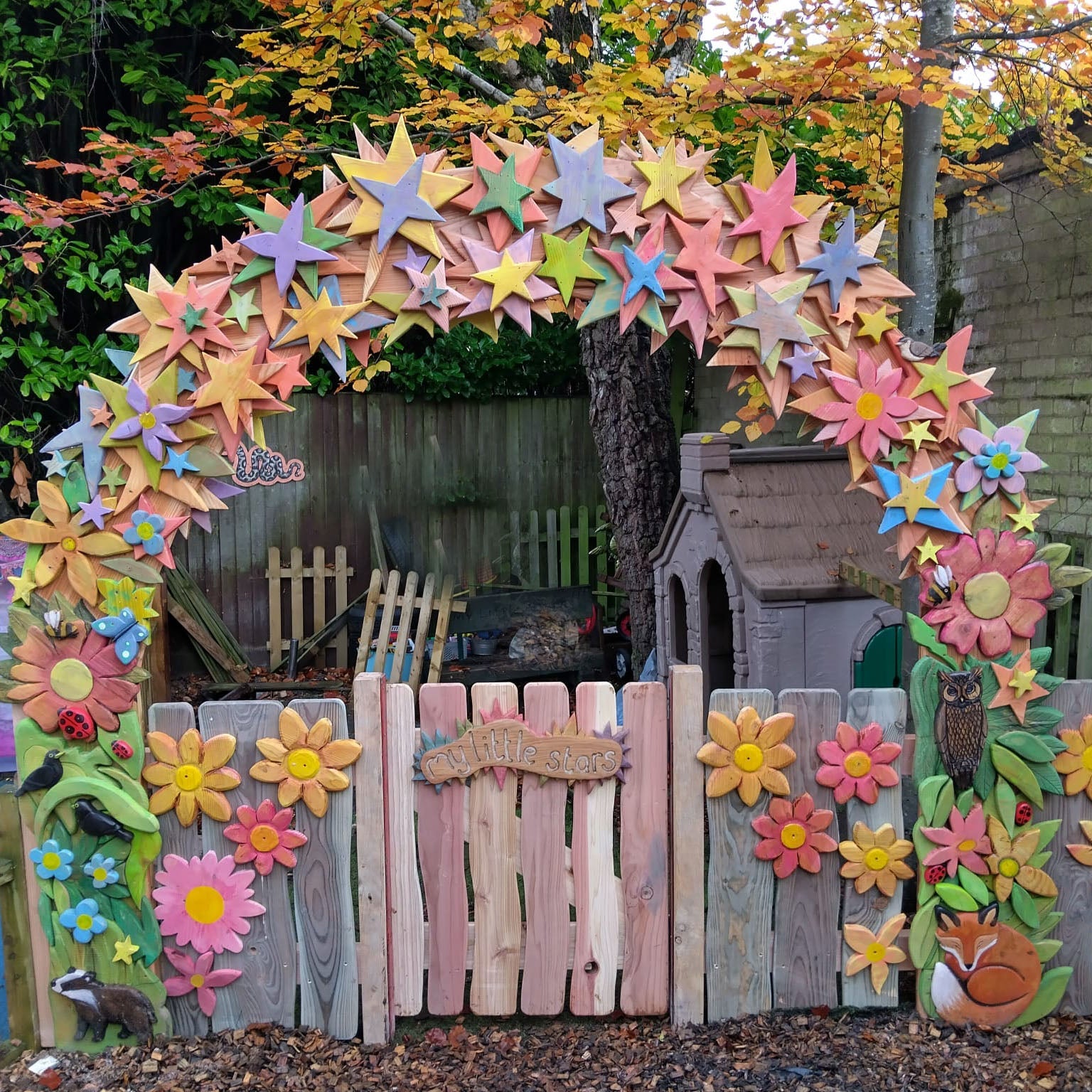 Bespoke wooden nursery arch installed at My Little Stars Nursery in Coventry — handmade, Wales
