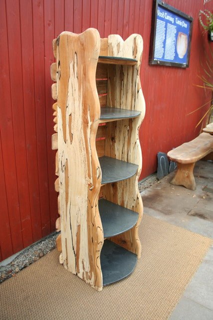 Bookshelf made from reclaimed beech and slate — handmade natural wood shelving, Wales