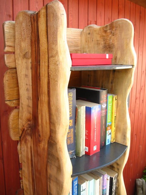 Handcrafted slate and beech wooden book shelf — bespoke natural shelving, Wales