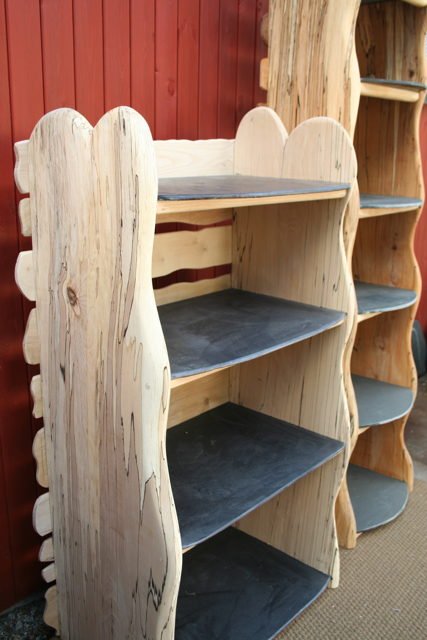 Spalted beech shelf with natural grain and slate — handcrafted bespoke shelving, Wales