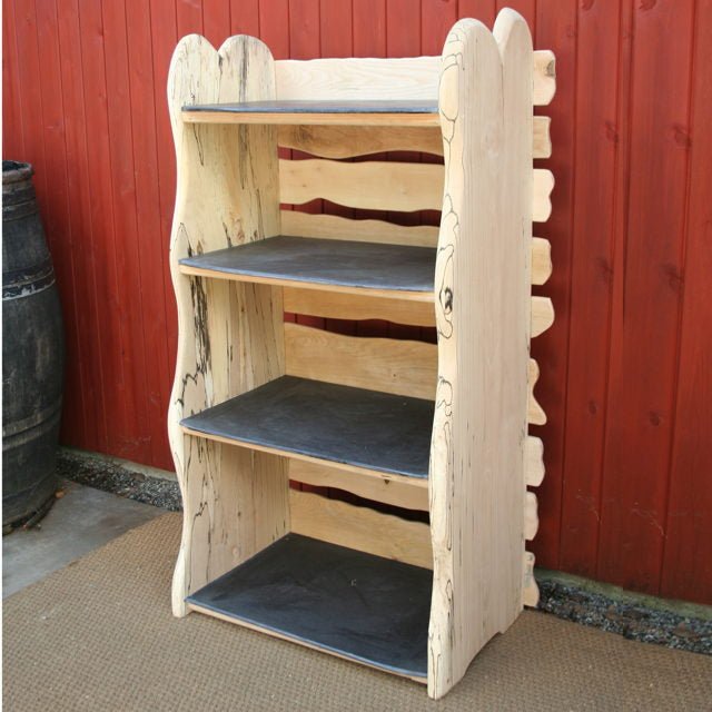 Beech bookshelf with slate surface — handcrafted natural stone and wood shelving, Wales