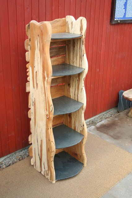 Handcrafted wooden book shelving from beech and slate — bespoke natural shelving, Wales