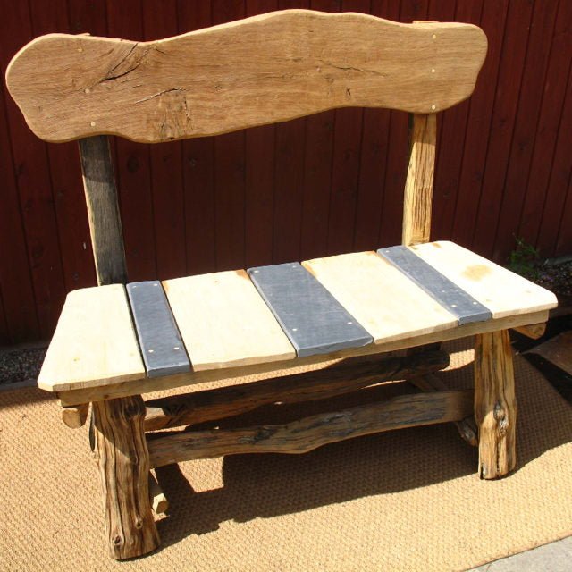 Handcrafted slate and oak garden bench — natural stone and wood outdoor seating, Wales