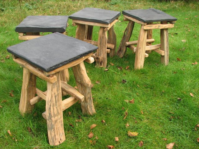 Handcrafted slate and oak hobbit chairs — unique fantasy garden furniture, bespoke and made in Wales