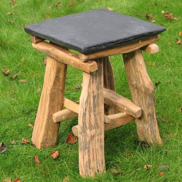 Slate and oak hobbit chair with natural slate seat and carved oak back — handcrafted fantasy seating, Wales