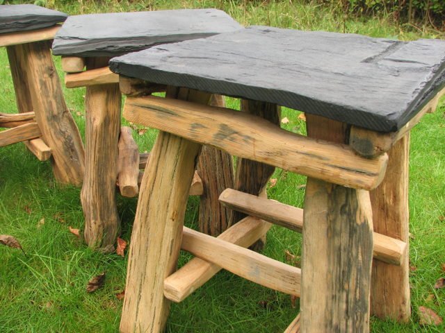 Matching set of slate and oak hobbit chairs — handmade bespoke fantasy garden seating, Wales