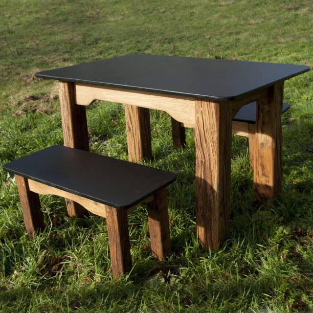 Handmade Welsh slate garden table with oak legs — natural outdoor dining furniture, Wales