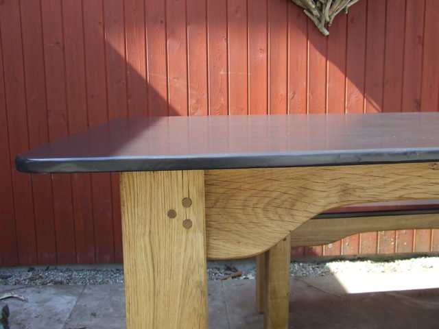 Handmade oak and slate garden dining table — natural Welsh slate top, Mid Wales