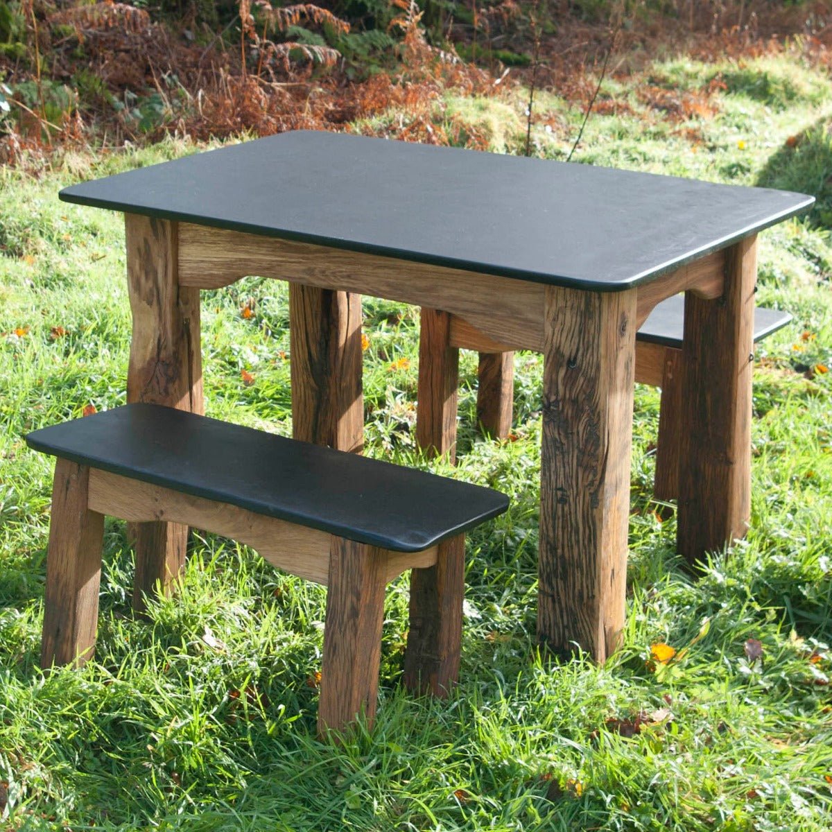 Handmade slate garden furniture — natural Welsh slate table and bench set, Wales