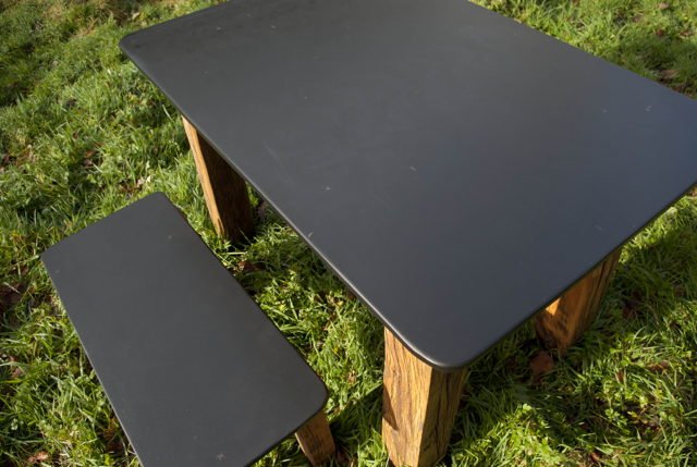 Handmade slate garden table with matching bench — natural Welsh slate, solid oak, Wales