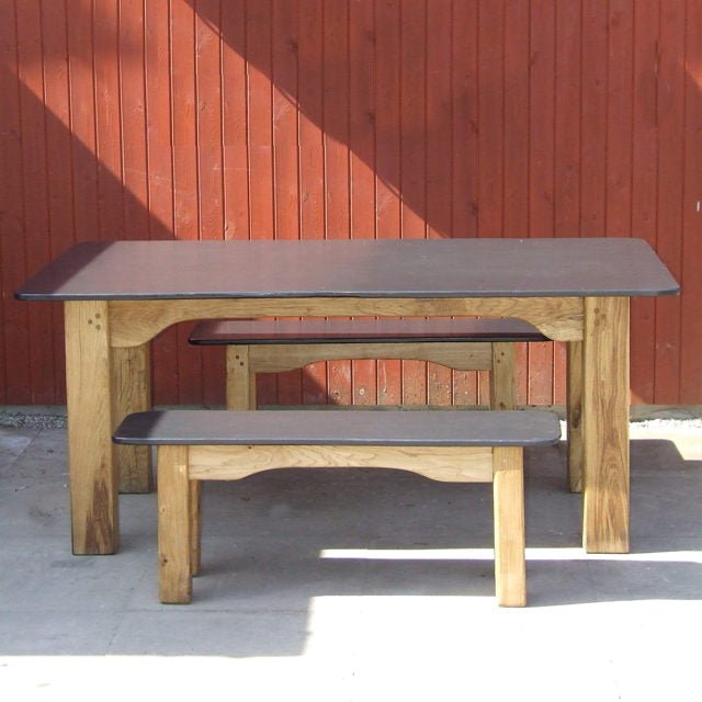 Handmade slate dining room and garden table — natural Welsh slate with solid oak frame, Wales