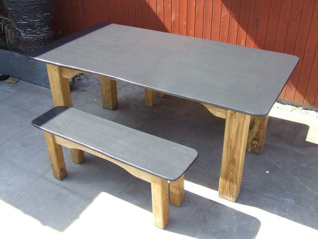 Handmade slate and oak garden bench set — natural Welsh slate with solid oak legs, Wales