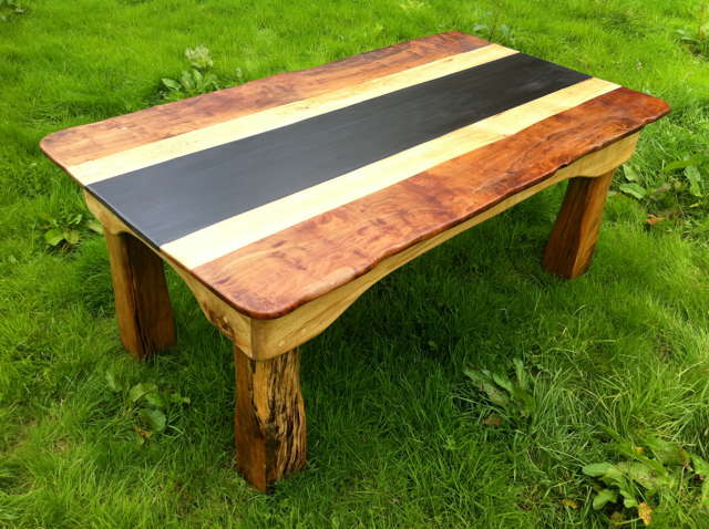 Solid oak refectory table with Welsh slate top — handmade farmhouse dining table, Wales