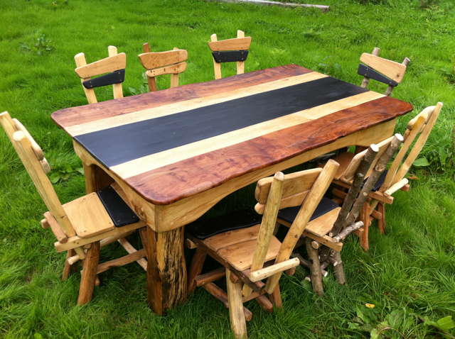 Handmade farmhouse kitchen table set with bench — slate and solid oak, bespoke, Wales