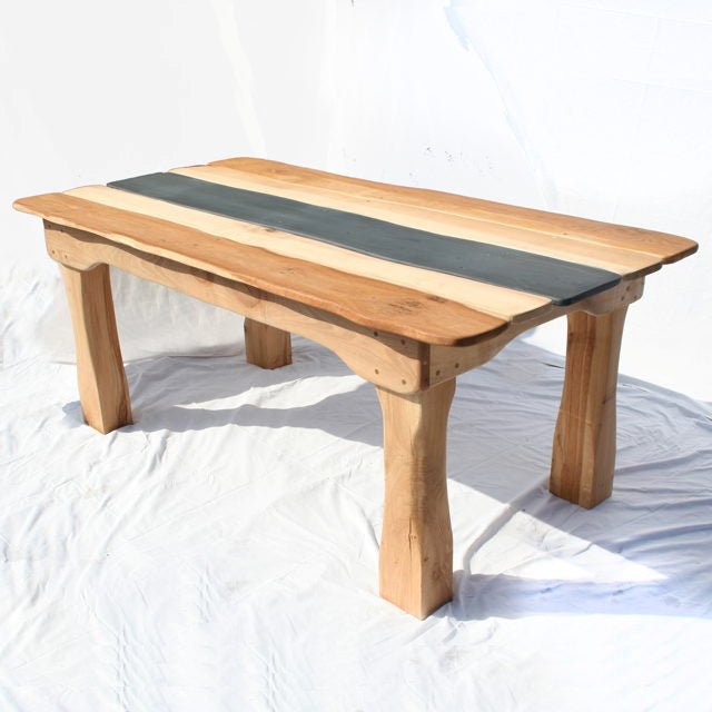 Handmade slate and oak kitchen table — bespoke farmhouse refectory table, Mid Wales