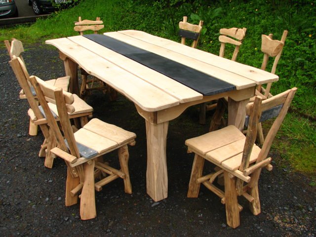 Handmade oak farmhouse refectory table — bespoke slate top dining table, Wales