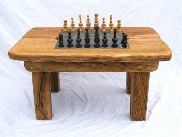 Handmade solid oak chess table — bespoke Welsh furniture with slate board inlay, Wales
