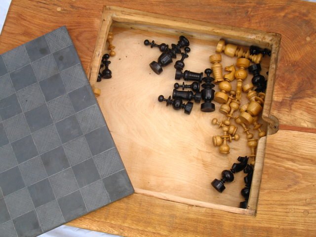 Handmade wooden chess table with pieces — bespoke slate and oak game table, Wales