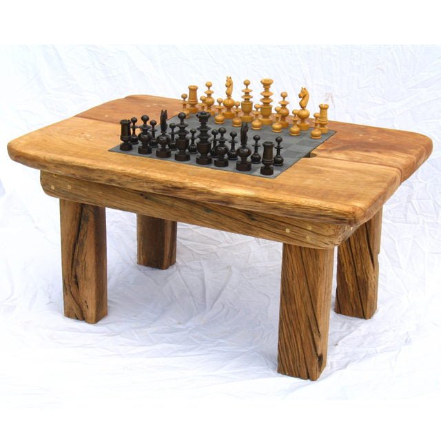 Handmade small wooden chess table set — solid oak with slate chess board inlay, Wales
