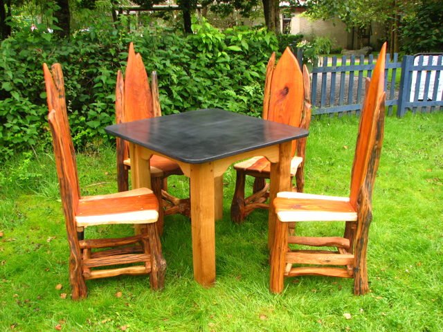Square slate patio table set — handmade Welsh slate and oak outdoor dining furniture, Wales