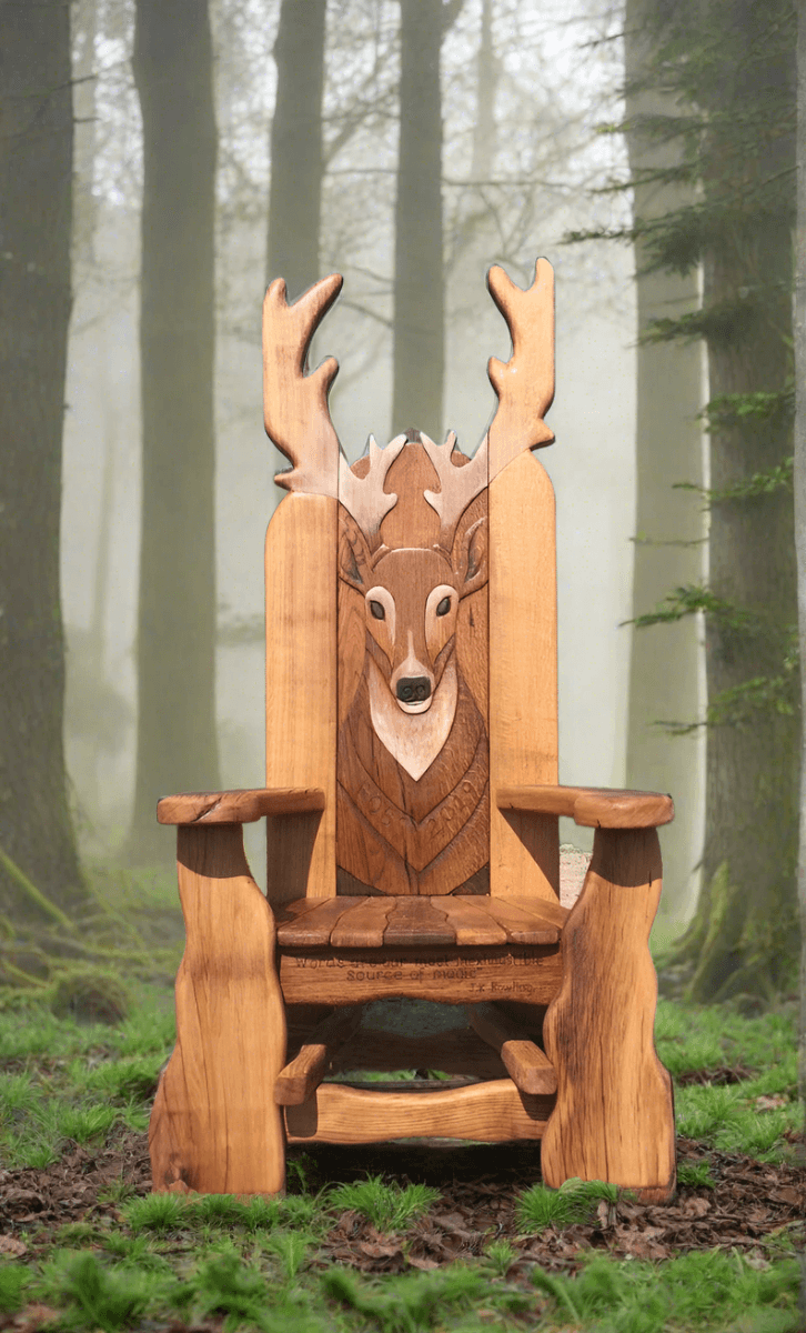 Stag Storytelling Chair in foggy forest