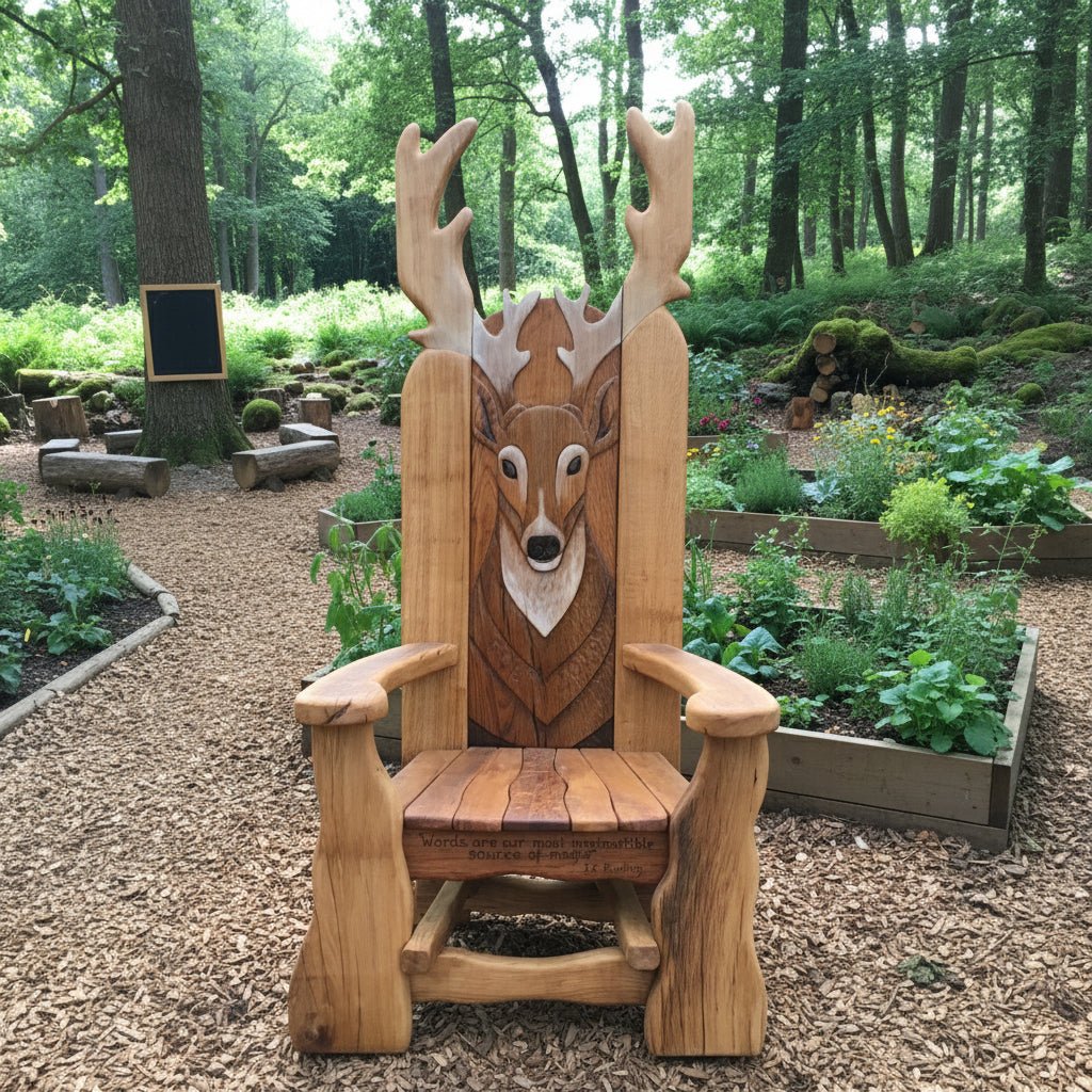 Woodland stag storytelling chair hand-carved in oak, set in a forest garden with raised beds and log seating.