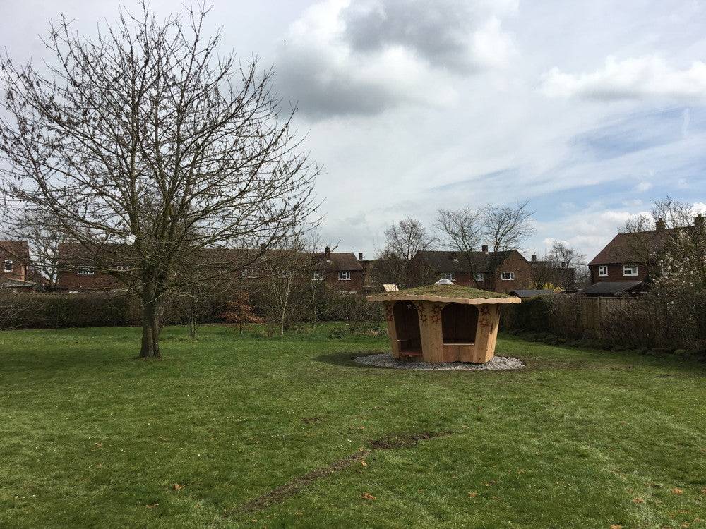 Handmade outdoor playground shelter — bespoke timber frame school structure, Wales