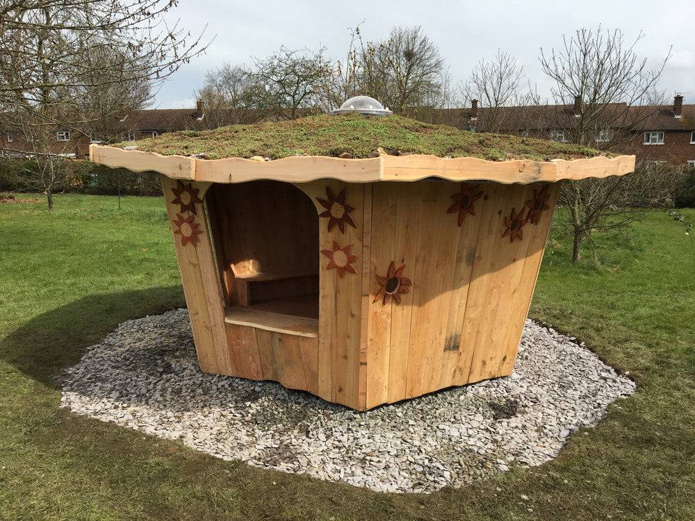Shelter entrance for handmade school playground structure — bespoke timber frame storytelling house, Wales