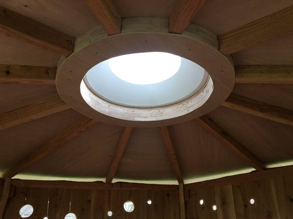 Skylights on handmade timber frame school outdoor shelter — bespoke woodland structure, Wales