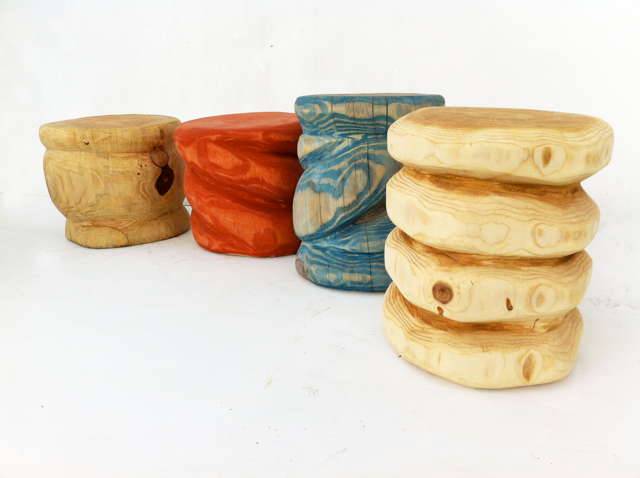 Pair of handmade carved oak story stools — bespoke seating for outdoor learning, Wales