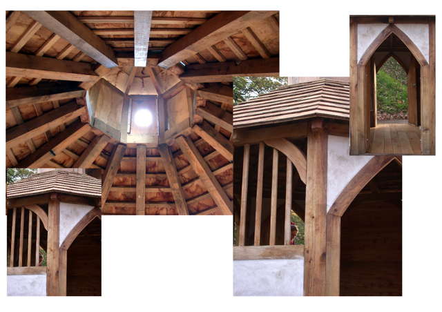 Composition of handmade outdoor storytelling house — timber frame community pavilion, Wales