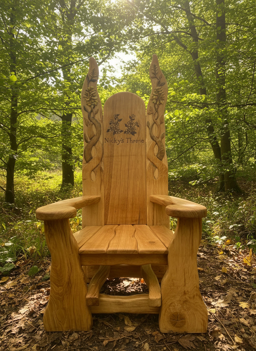 Nature storytelling throne hand-carved in solid oak — bespoke personalised, Wales