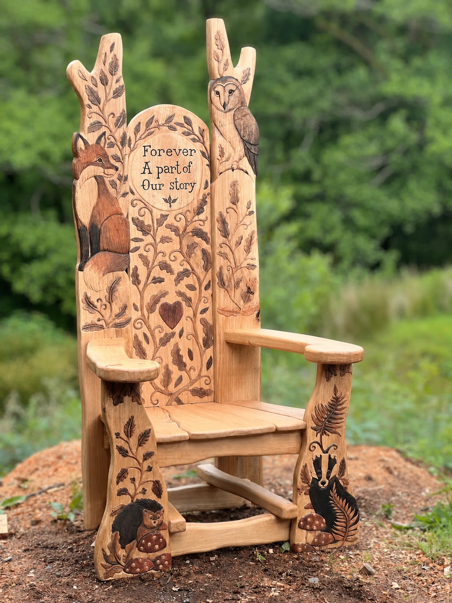 Bespoke solid oak storytelling throne chair with carved fox and barn owl and personalised Forever a part of our story plaque