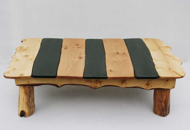 Stripy slate and oak coffee table — handmade natural Welsh slate, Mid Wales