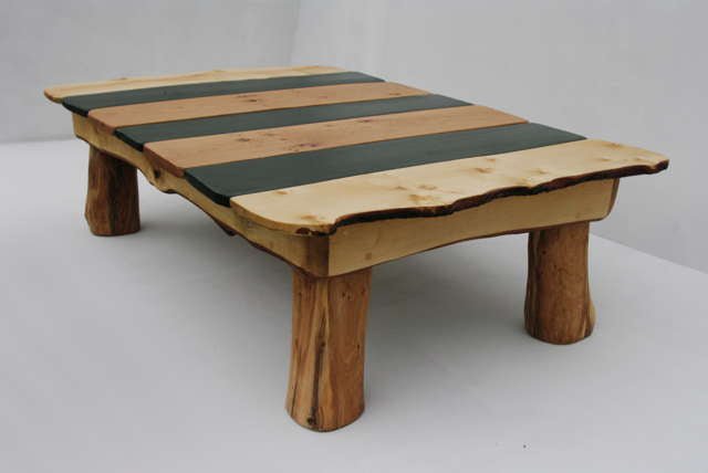 Stripy slate and wood coffee table — natural slate top with solid oak legs, handmade Wales