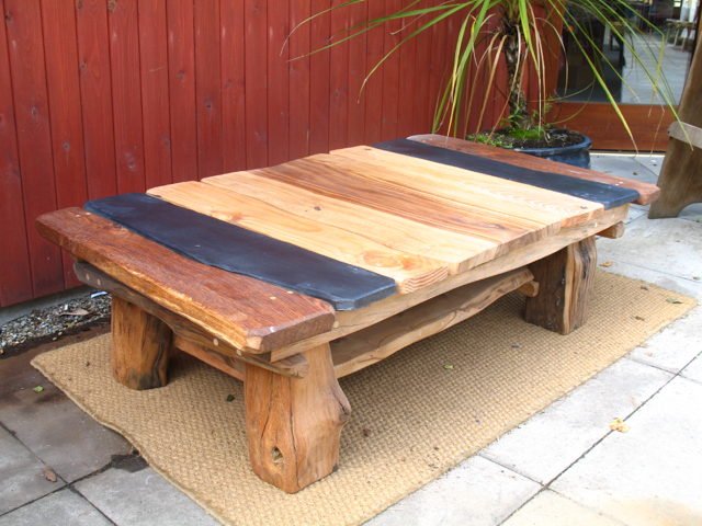 Stripy slate coffee table with oak legs — handmade natural materials, Wales